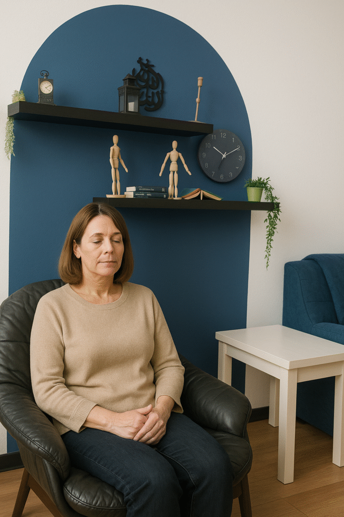 femme au fauteuil et arche bleue