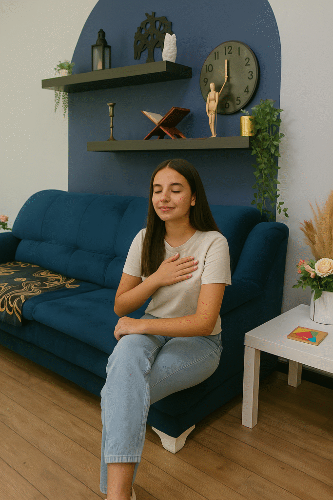 femme détendue sur canapé bleuvc